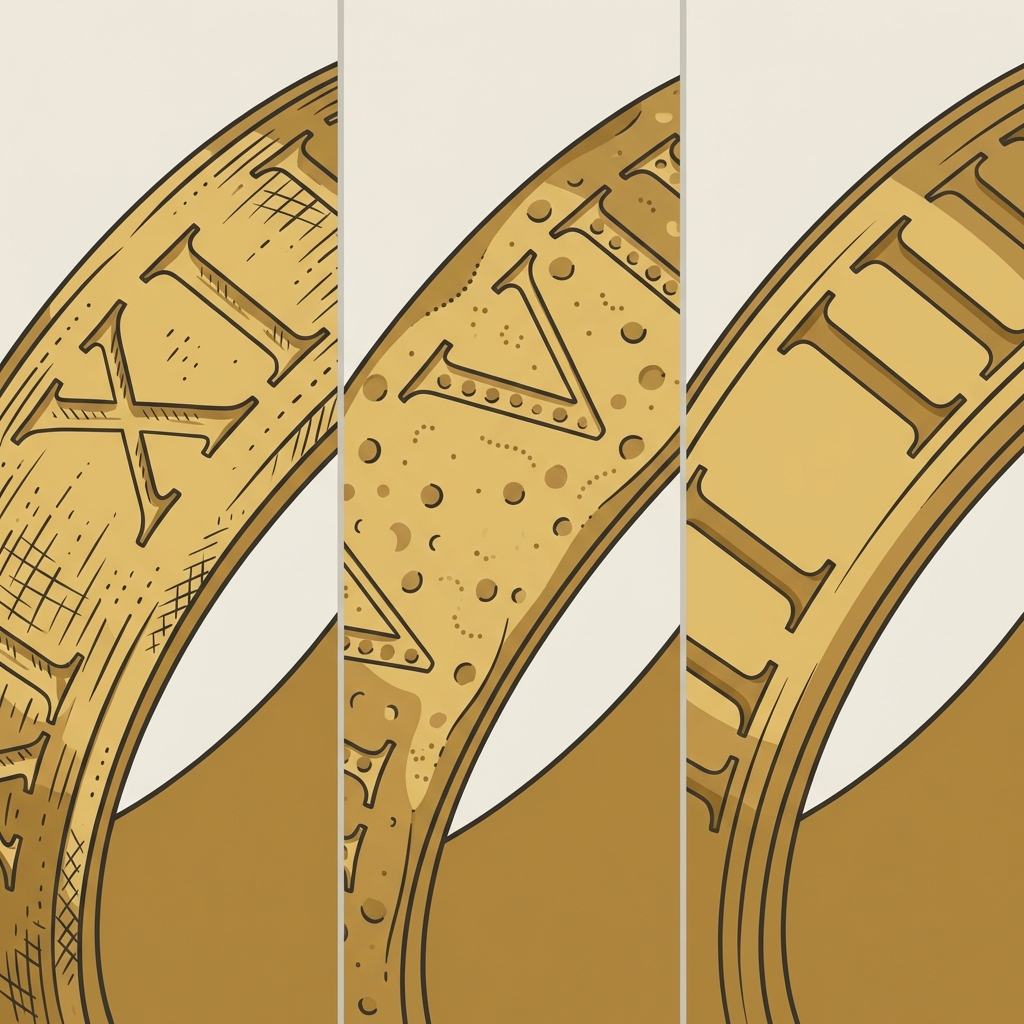 Minimal 2D vector triptych of a gold roman numeral ring showing magnified hand engraving punch marks and laser engraving details in Aurora Antiqua colors