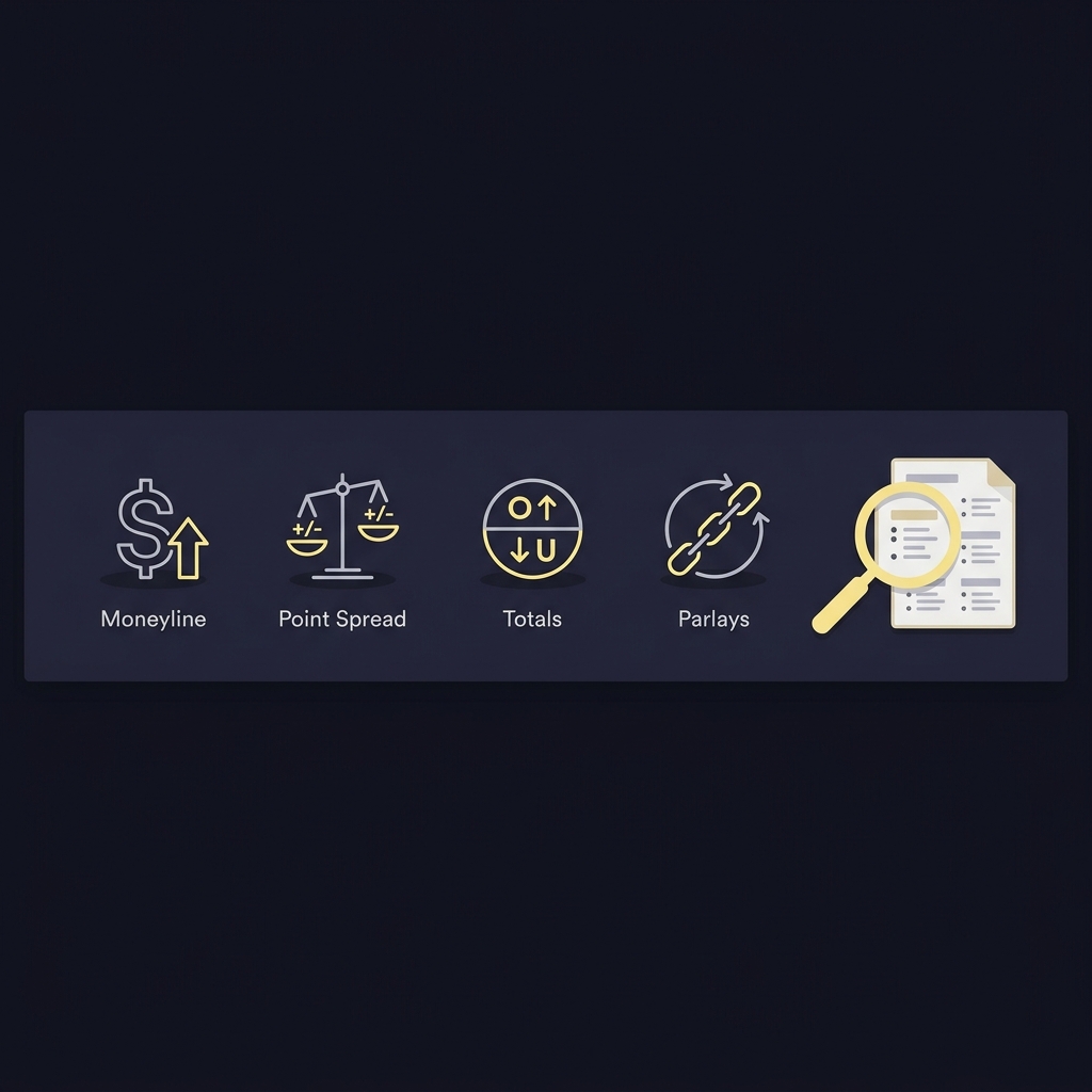 Minimalist Funded Plays infographic strip with icons for moneyline point spread totals and parlays and a magnifying glass over a catalog document bet on it wager talk