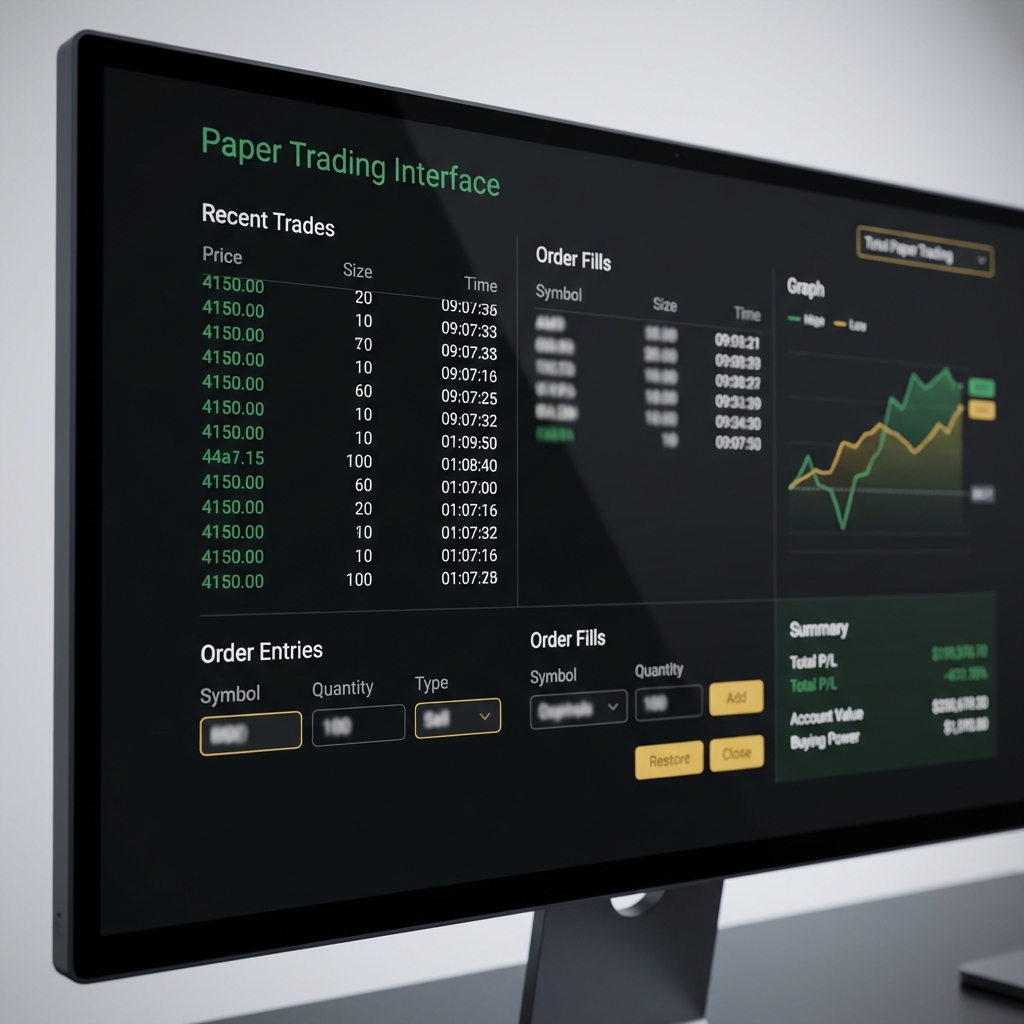 Close up of a paper trading simulator screen showing simulated fills and order entries with Finance Police green and gold accents how to start trading