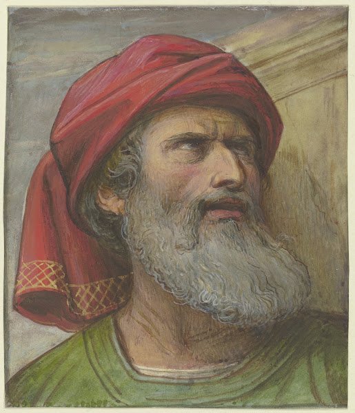 Kopf eines aufwärts blickenden Mannes mit Turban