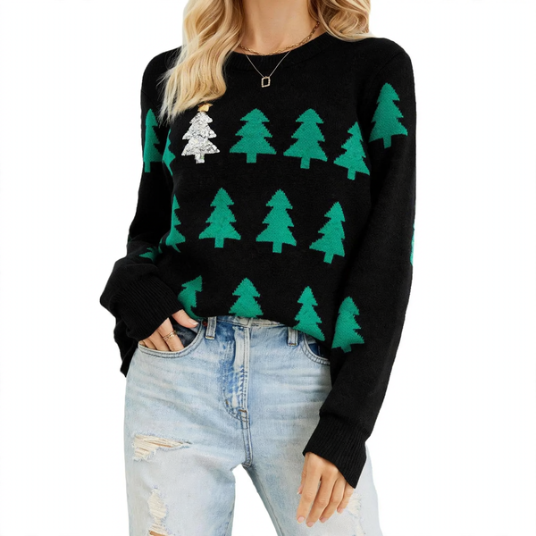 Women's Christmas sweater with Christmas tree jacquard
