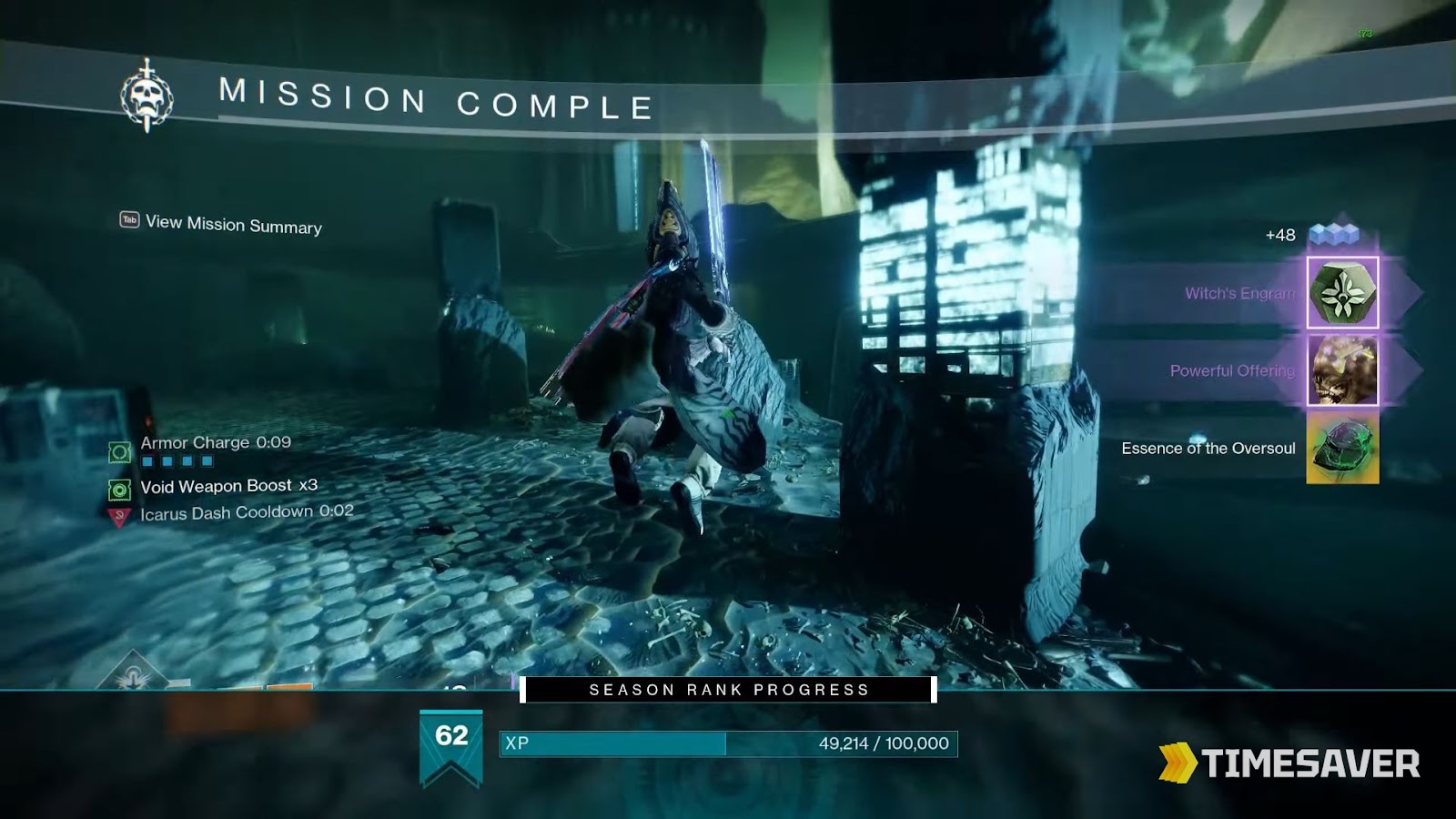 Destiny 2 mission-complete reward screen showing Essence of the Oversoul dropping alongside Witch's Engram rewards