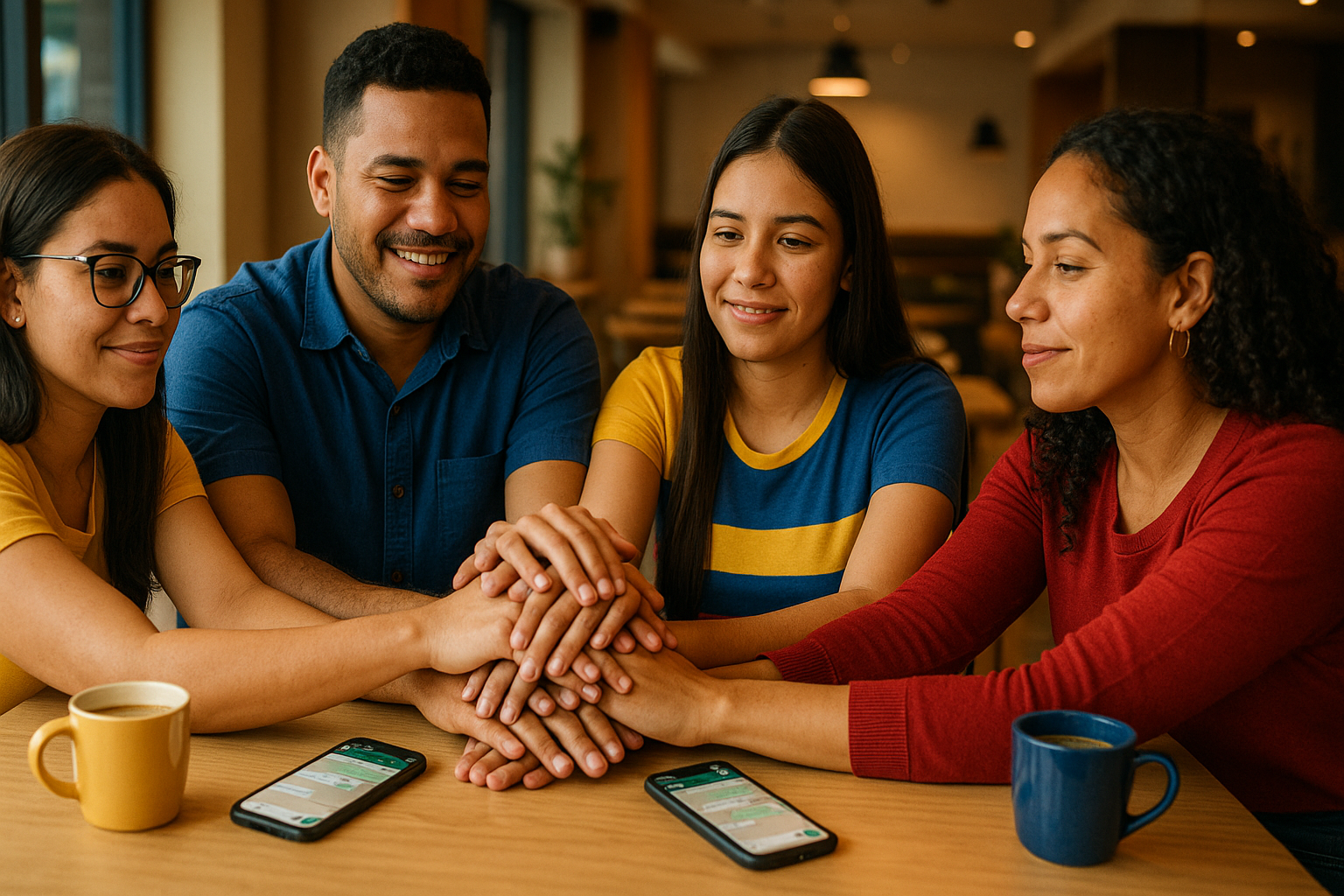 Manos de venezolanos en el exterior unidas sobre una mesa, con teléfonos y tazas de café