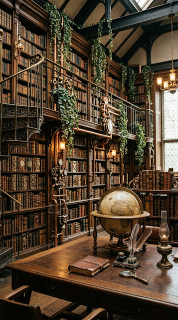 Vintage Steampunk Library with Clockwork Books and Ivy - Free mobile Wallpaper