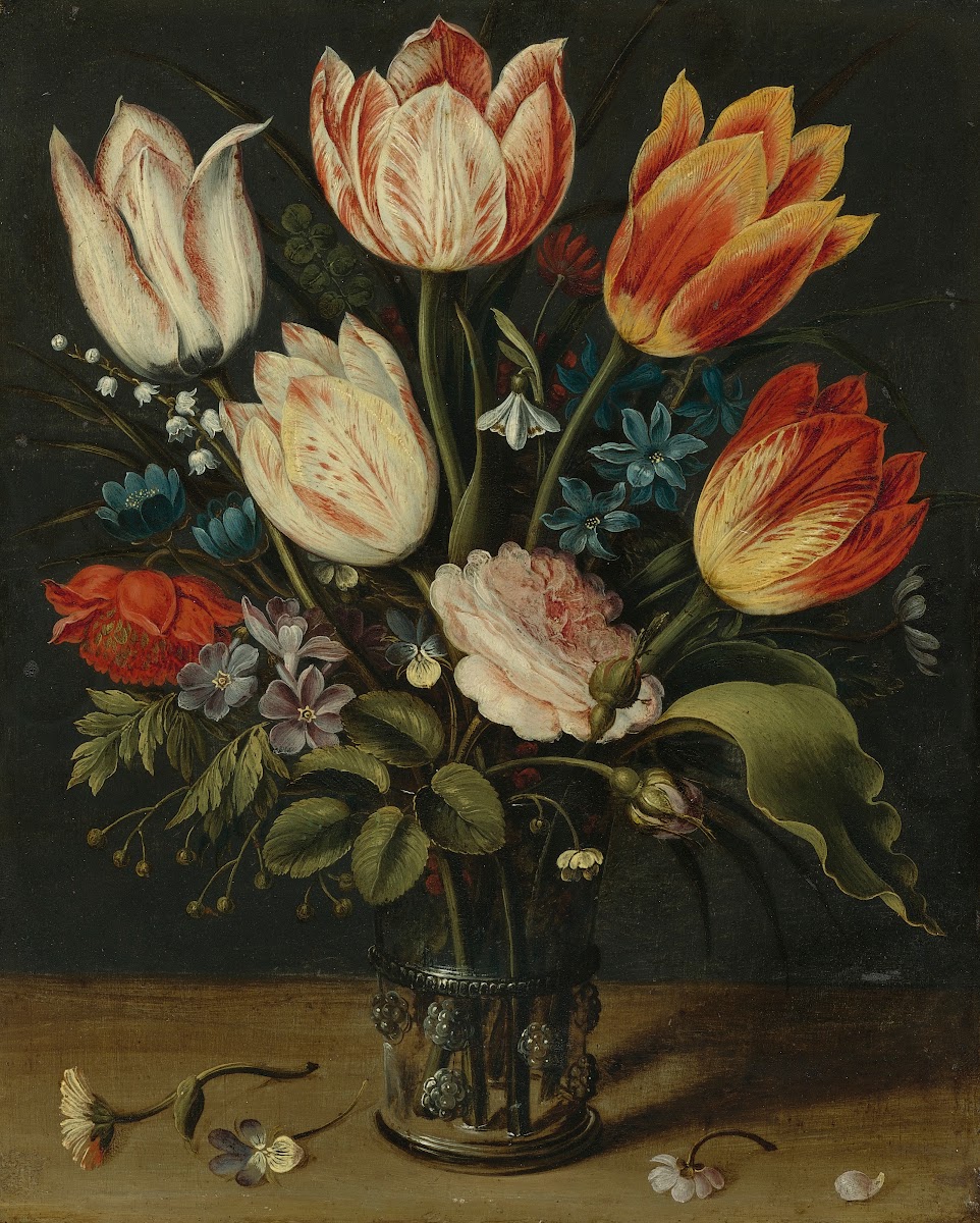 Still LifeOf Tulips And OtherFlowers In A Glass Vase