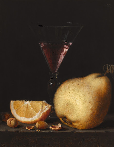 Still life with a quince an orange segment acorns and a façon de Venise wine gla