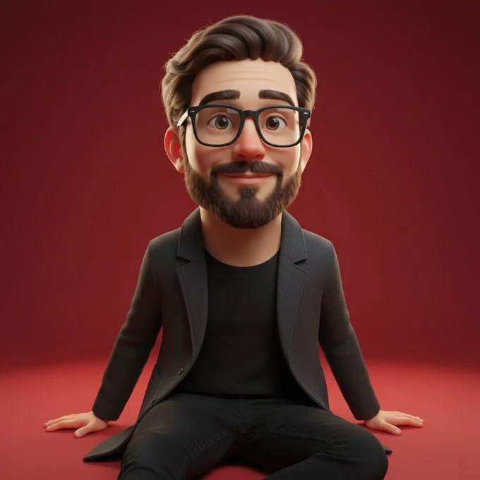 Caricatura 3D expresiva con exageración juguetona y fondo de color llamativo.