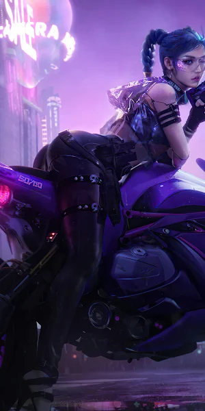 Cyberpunk, Motorcycle, Artwork, Braids, Neon 4K Wallpaper Background
