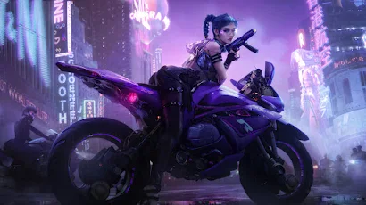 Cyberpunk, Motorcycle, Artwork, Braids, Neon 4K Wallpaper Background