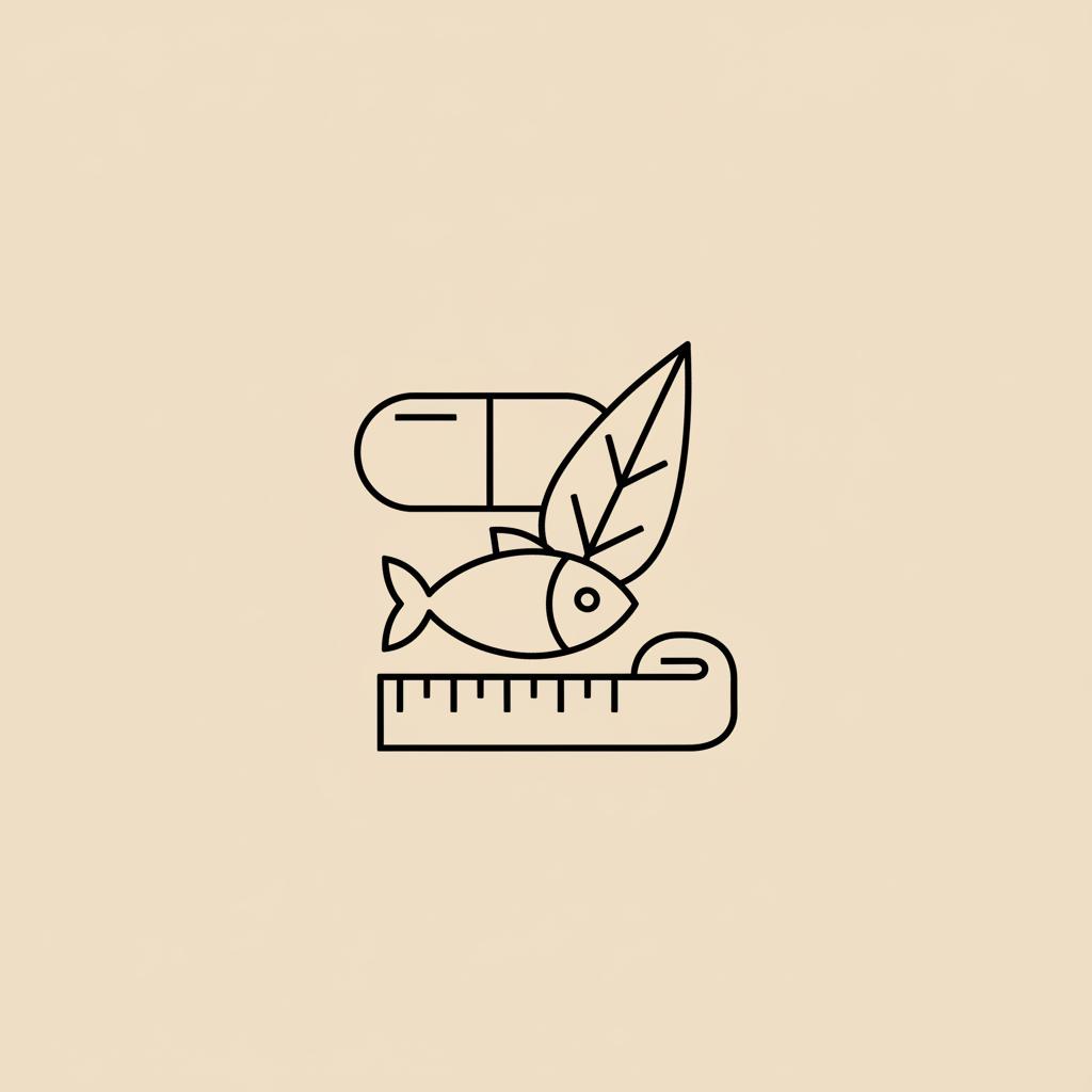 Minimal Tonum-style vector line illustration of a capsule, ashwagandha leaf, fish, and tape measure representing what supplement helps with cortisol weight gain?