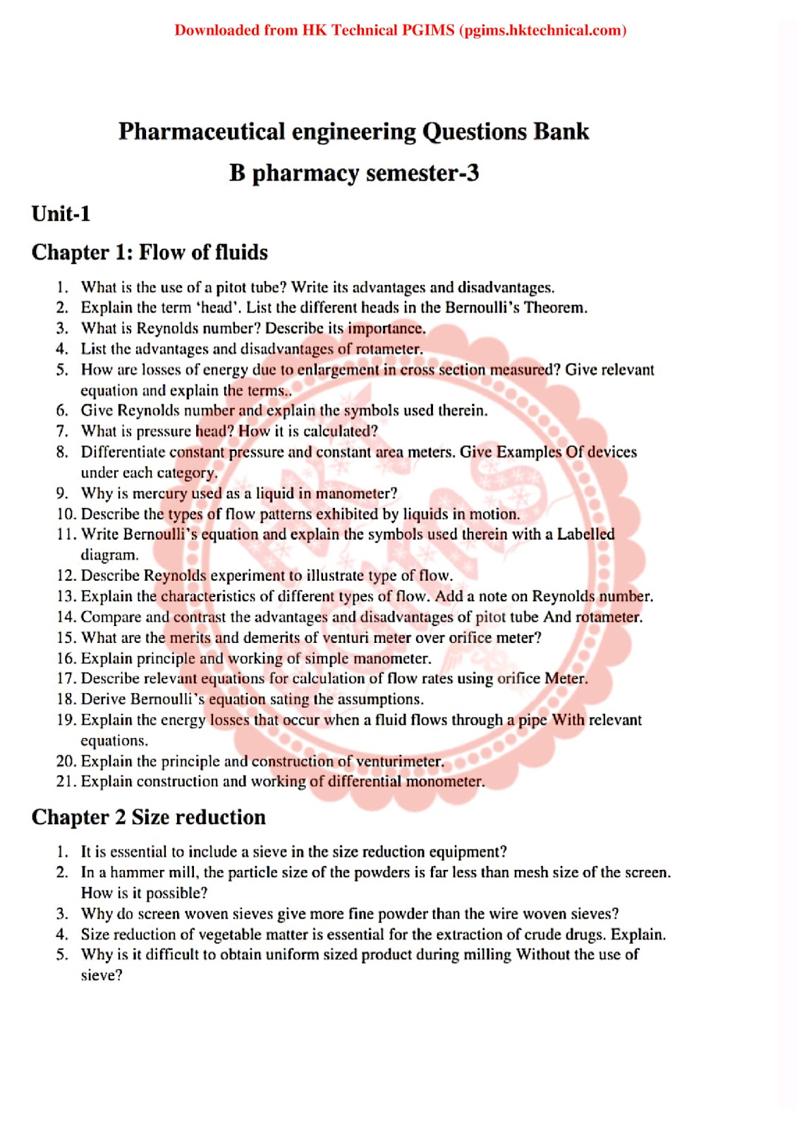 Pharmaceutical Engineering Unit 1 Questions Bank 3rd Semester B.Pharmacy Previous Year's Question Paper,BP304T Pharmaceutical Engineering,BPharmacy,Previous Year's Question Papers,BPharm 3rd Semester,