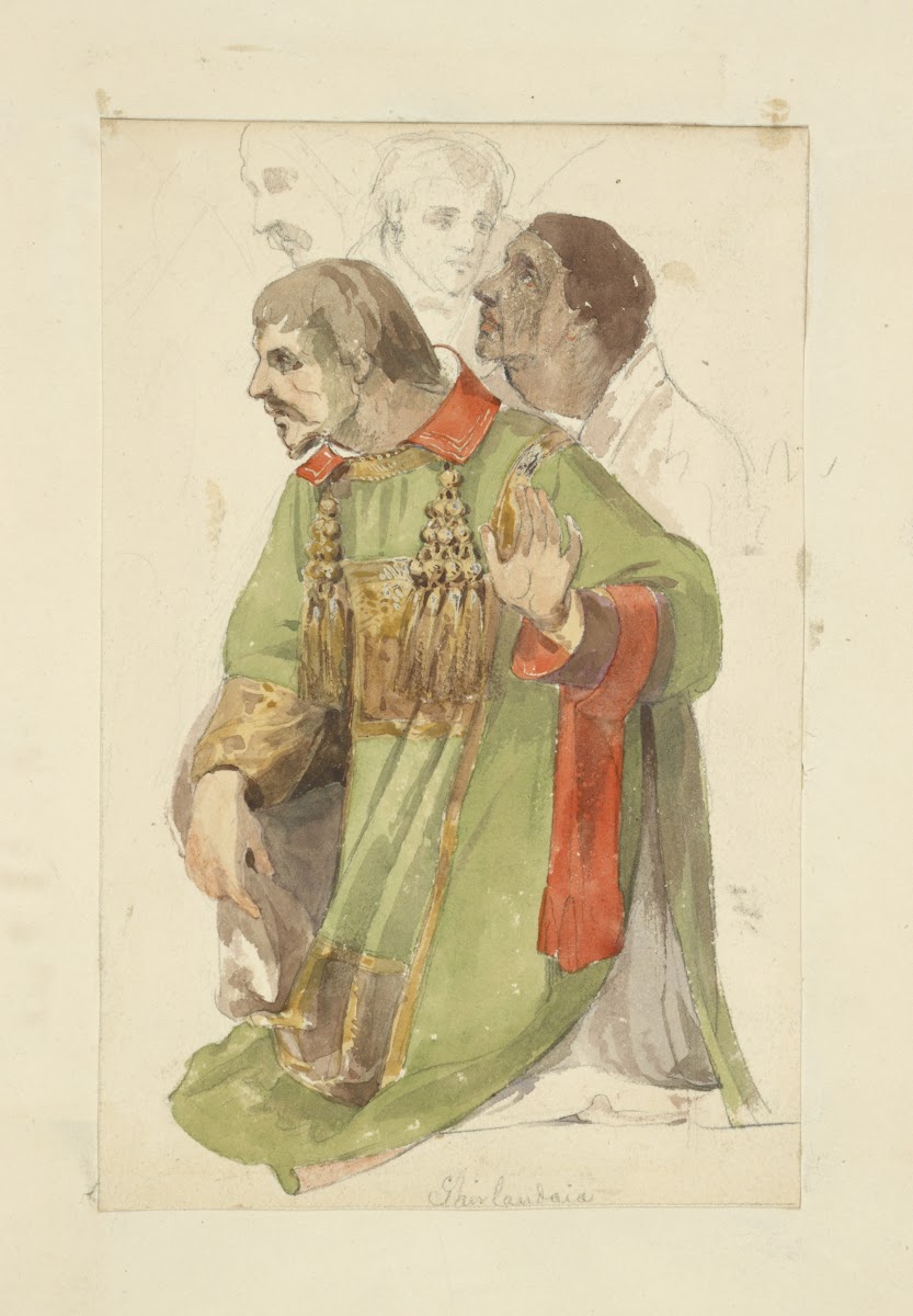 Man in green tunic with tassels about the neck line three figures in background