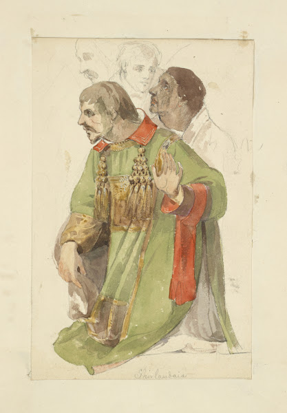 Man in green tunic with tassels about the neck line three figures in background