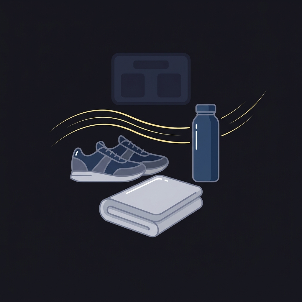 Minimal 2D vector of folded gym towel running shoes and water bottle with subtle breath waves on a dark Funded Plays background illustrating How to Avoid Emotional Trading After Personal Stress