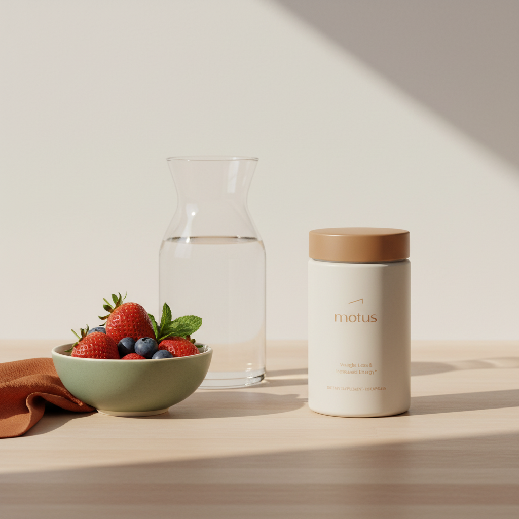 Motus burn tablets bottle on a clean wooden kitchen counter with a small bowl of berries and a glass carafe, Tonum brand colors, minimalist wellness scene.