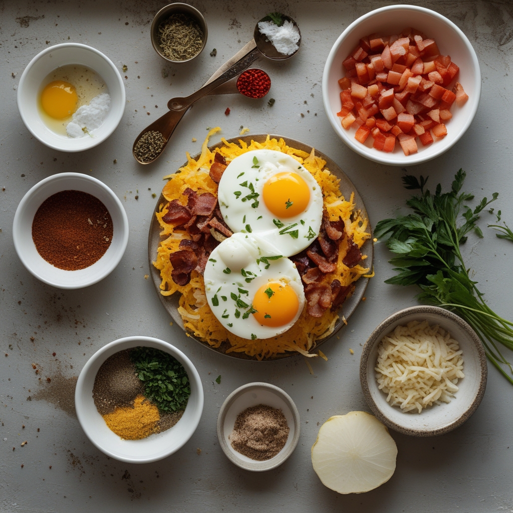 Ingredients for Egg Topped Hash Browns with Bacon Gravy Delight – Hearty Breakfast Idea for a Cozy Start