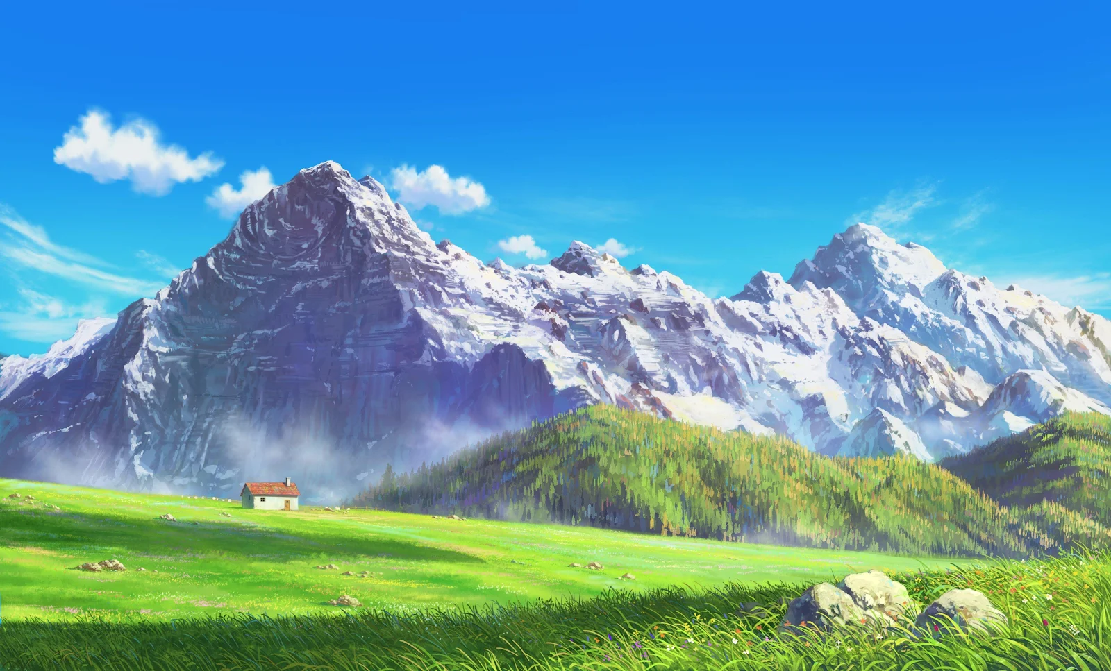 Alpine Meadow Cabin Scene - Studio Anime Style 4K Wallpaper (4096x2475)