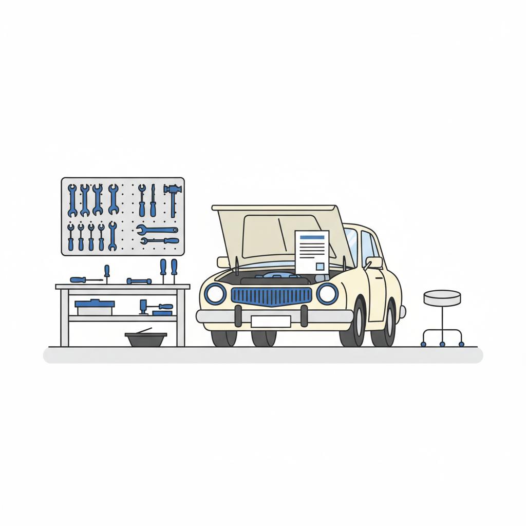 Minimalist 2D vector garage scene with car hood open tools neatly arranged and a vehicle history report on the hood illustrating book value vs market value