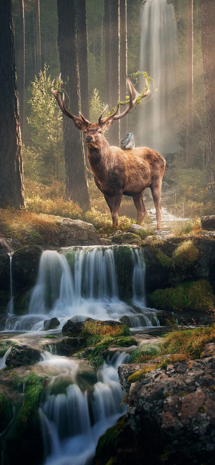 Majestic Stag By Forest Waterfall - Fantasy Nature Art 2K iPhone Wallpaper (1772x3839)