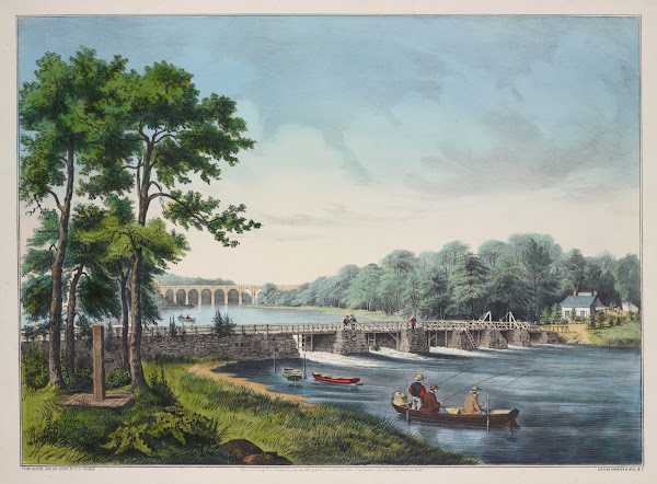 View on the Harlem River NY The High Bridge in the distance 1852