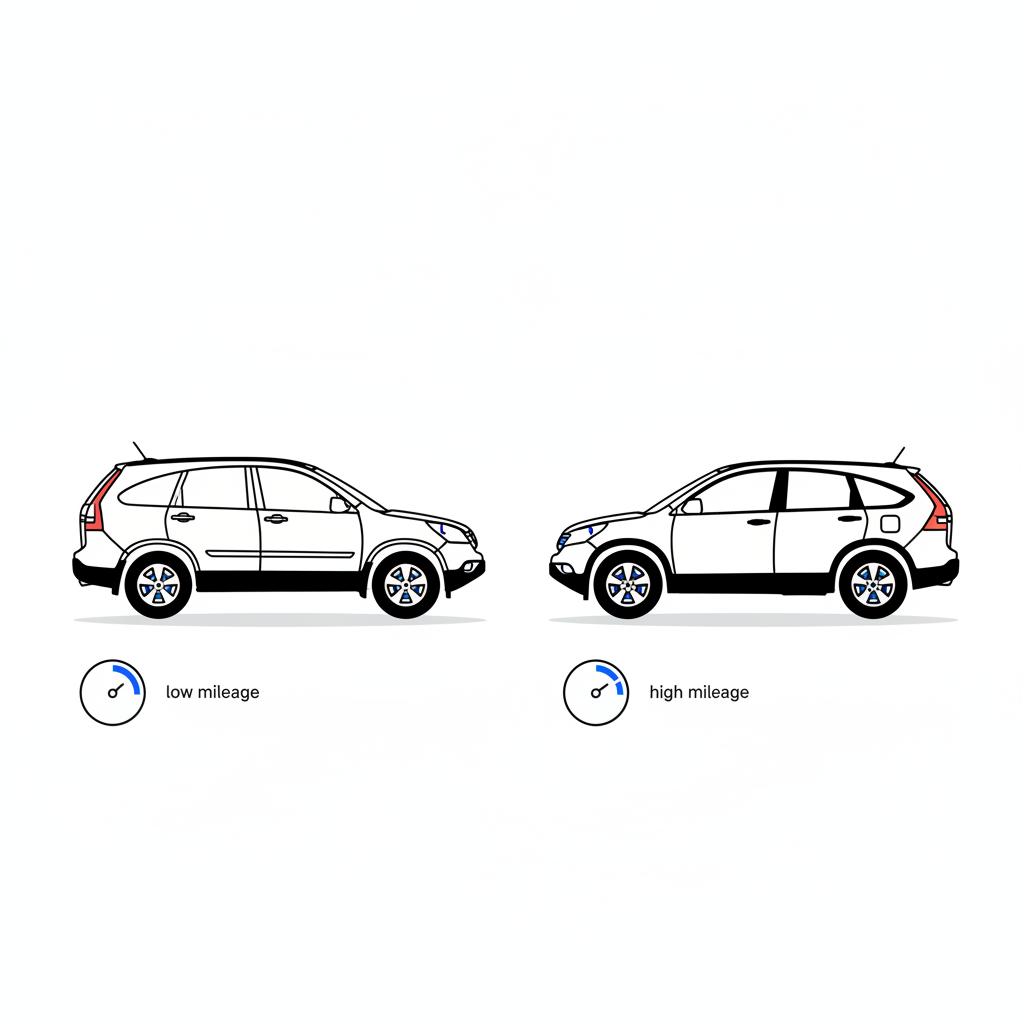 Minimalist 2D vector side by side comparison of two CR V SUVs one older low miles and one newer high miles with mileage icons on white background honda cr v for sale near me