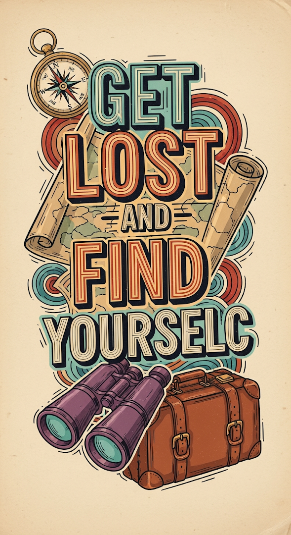 Vintage Hand-Drawn Lettering 'Get Lost and Find Yourself' with Travel Icons