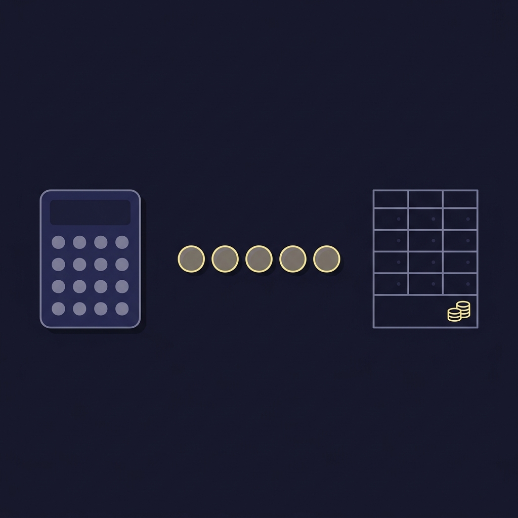 Minimal 2D vector illustration of a calculator chips and a five selection combinations table representing types of bets horse racing in Funded Plays brand colors