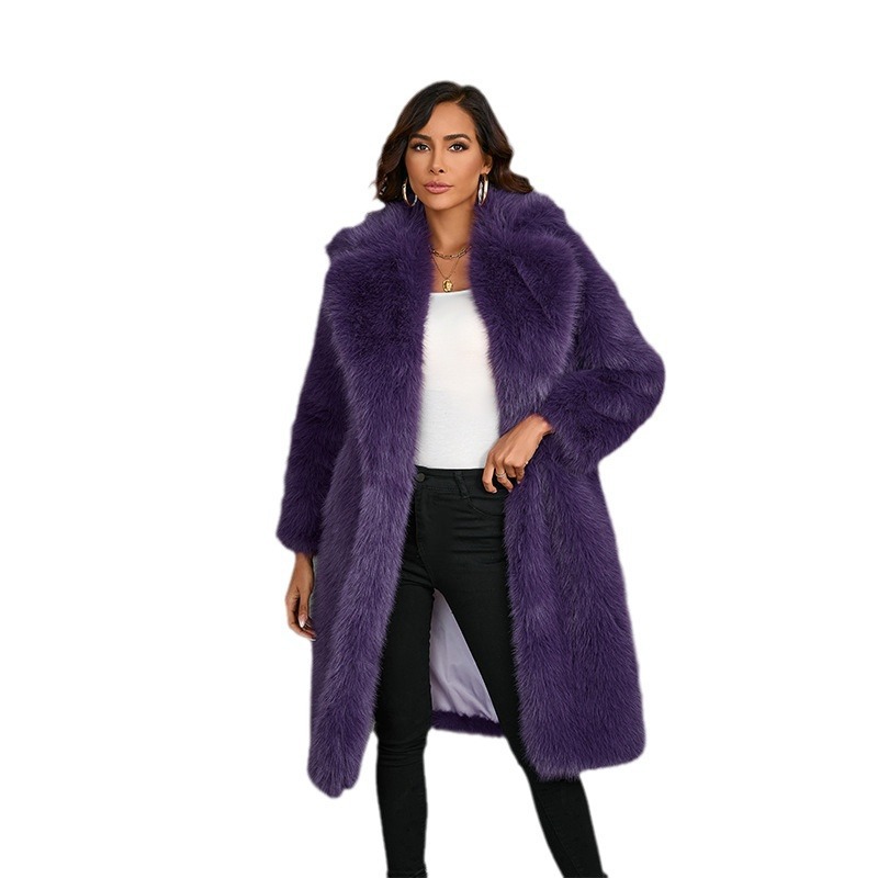 Long Faux Fur Jacket with Lapel Collar