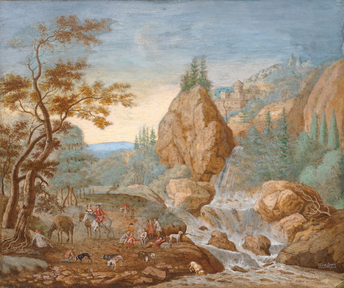 Mountain Landscape With A Hunting Party In The Foreground 1737