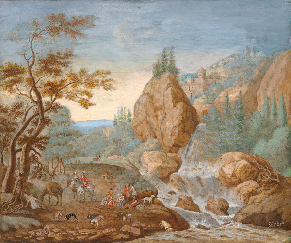 Mountain Landscape With A Hunting Party In The Foreground 1737