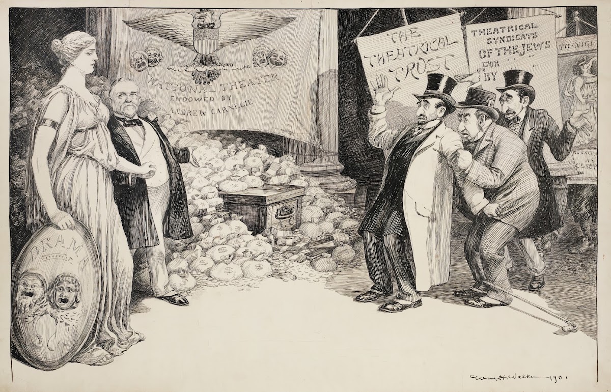 Men with signs reading Theatrical Trust and Theatrical Syndicate of the Jews are