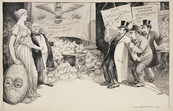 Men with signs reading Theatrical Trust and Theatrical Syndicate of the Jews are