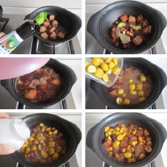 Thêm nước tương, nước hàng, một ít rượu, thêm hoa hồi, quế, lá thơm, cam thảo, gừng vào. Cuối cùng thả hạt dẻ vào nấu cùng. Nêm muối cho vừa vặn. Nấu đến khi thịt đạt độ mềm như ý thì tắt bếp.