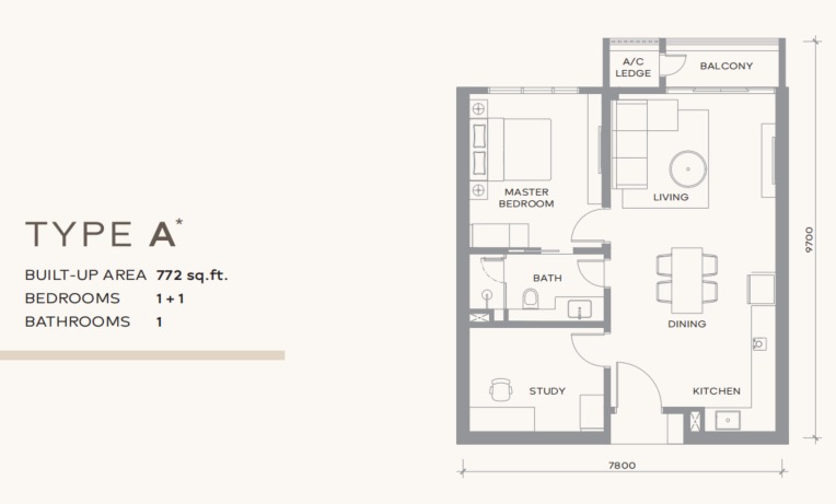 Khaya Residence Type A floor plan — 736 sq ft, 2 bedrooms