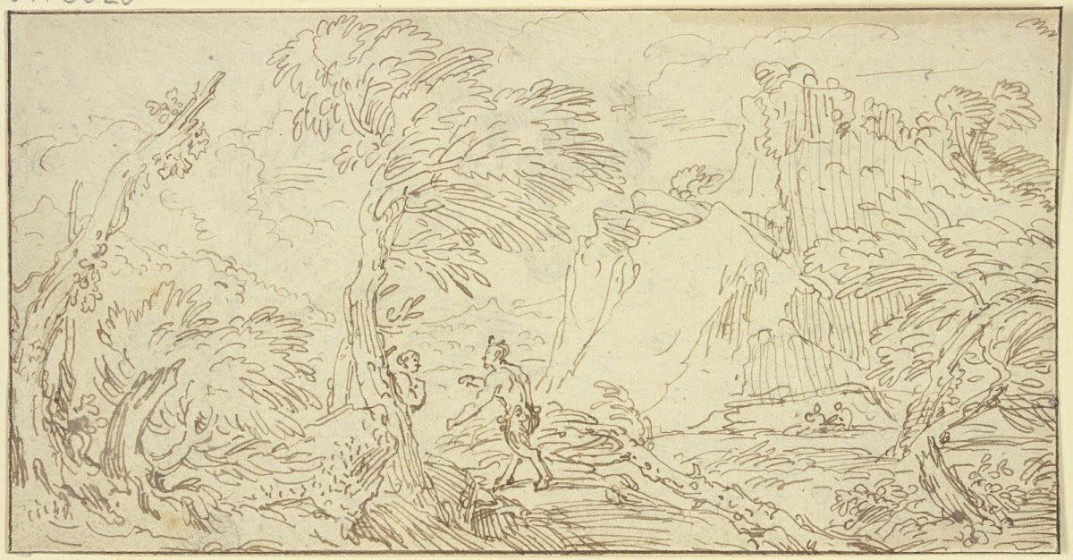 Ein Satyr geht auf ein Weib los das hinter einem Baum steht