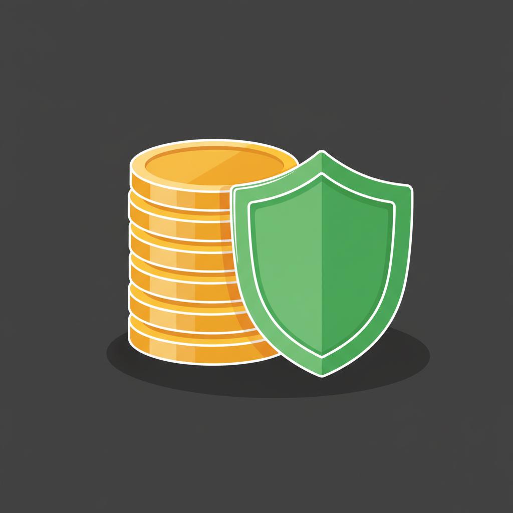 Minimal 2D vector of layered coins and a safety shield on a dark background representing custody and insurance for the best passive income app with green and gold brand accents