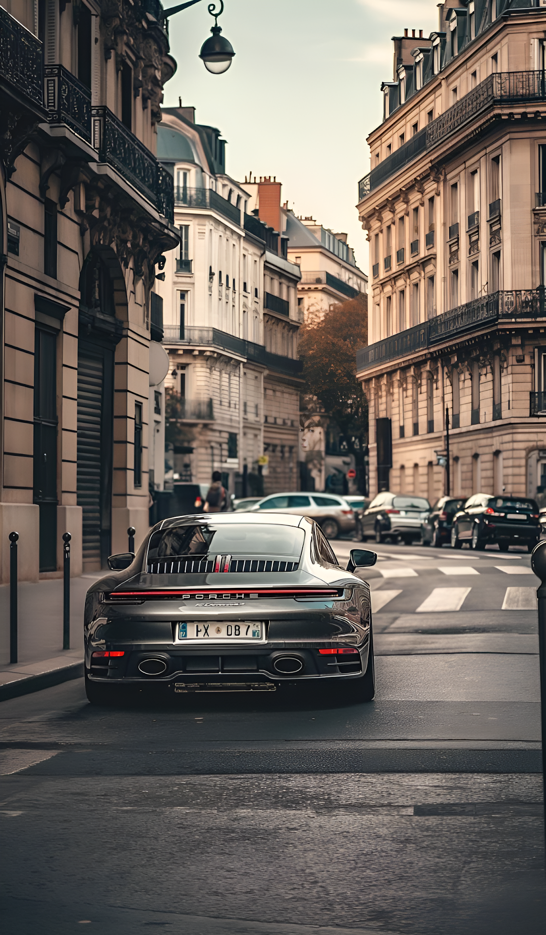 Dark Porsche 911 Paris Street Haussmann Architecture - Free 4K mobile Wallpaper