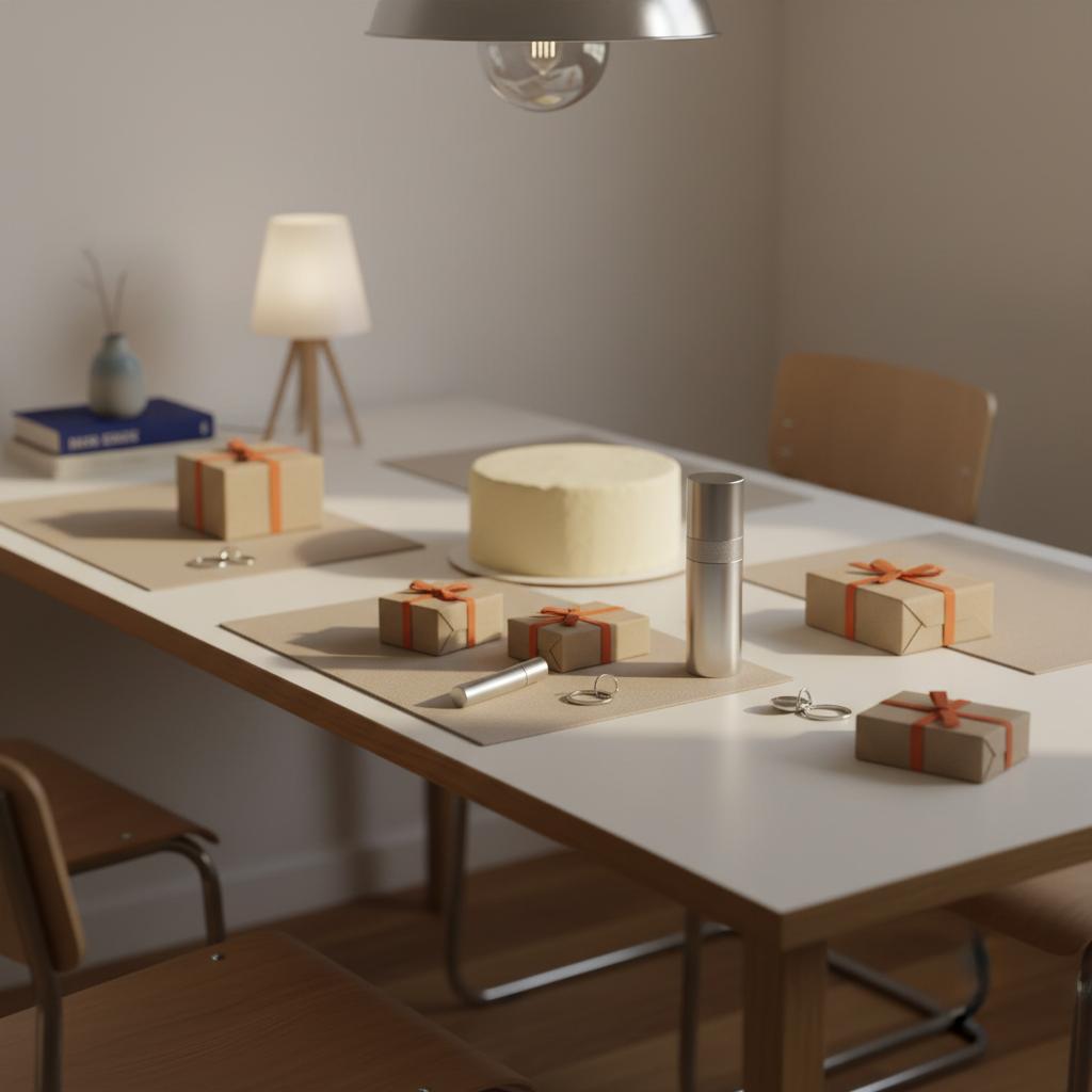 Esstisch mit Geschenken und Vanilletorte, Fokus auf Geschenkdetails wie Schlüsselanhänger und Boxen – Geschenkideen 14-Jährige in warmem, minimalem Industriestil