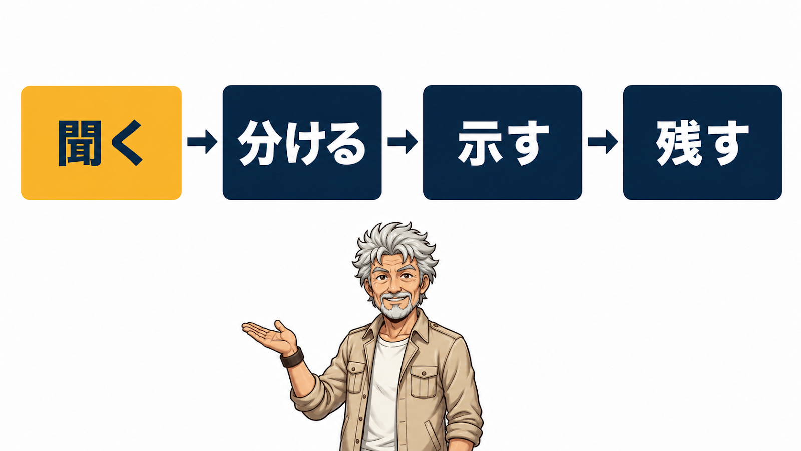 反論処理の順番：聞く→分ける→示す→残すの流れ図