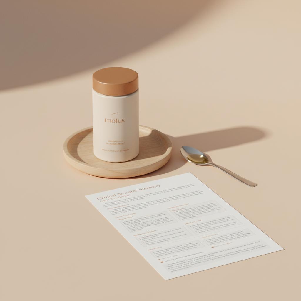 Tonum Motus bottle on wooden tray with a teaspoon of clear MCT oil and a clinical summary sheet on beige background, conveying MCT oil heart health