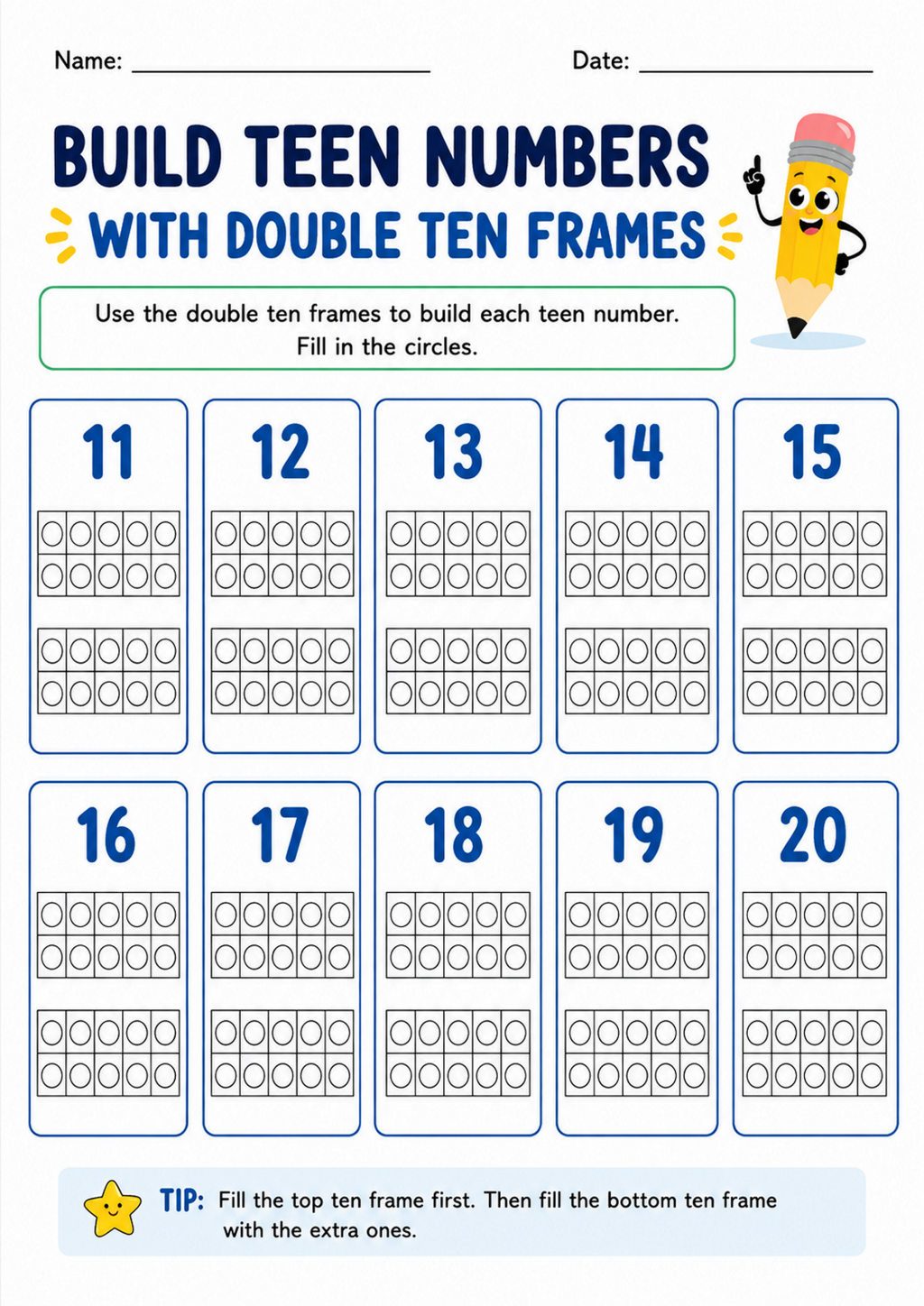 Build Teen Numbers with Double Ten Frames Worksheet