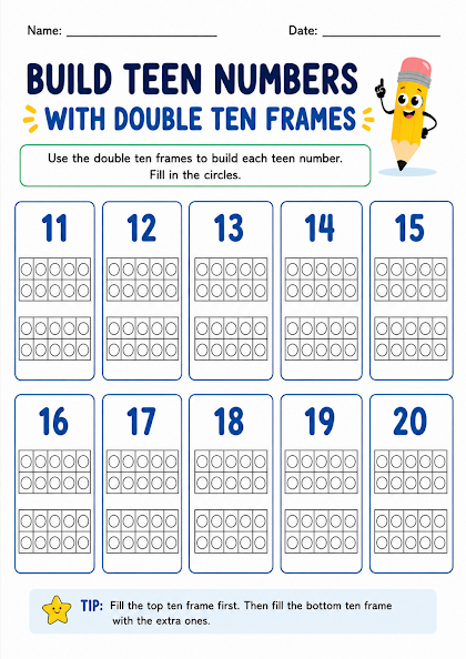 Build Teen Numbers with Double Ten Frames Worksheet