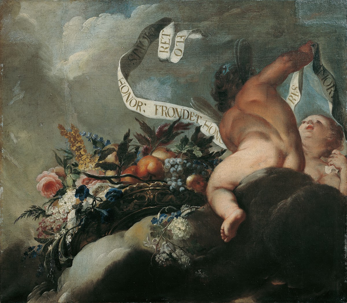 Zwei Putti mit Blumen Früchten und Spruchband 1698 1699
