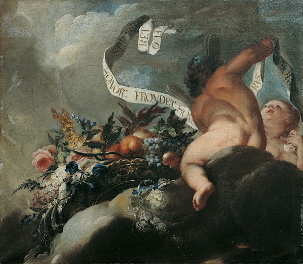 Zwei Putti mit Blumen Früchten und Spruchband 1698 1699