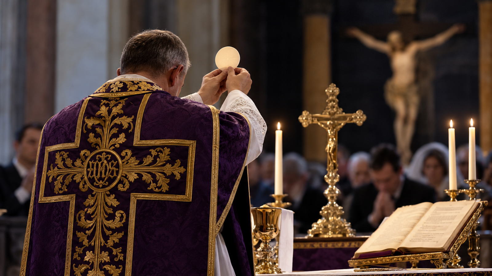 Sacerdote de costas eleva a hóstia diante de altar católico tradicional com cruz e velas.