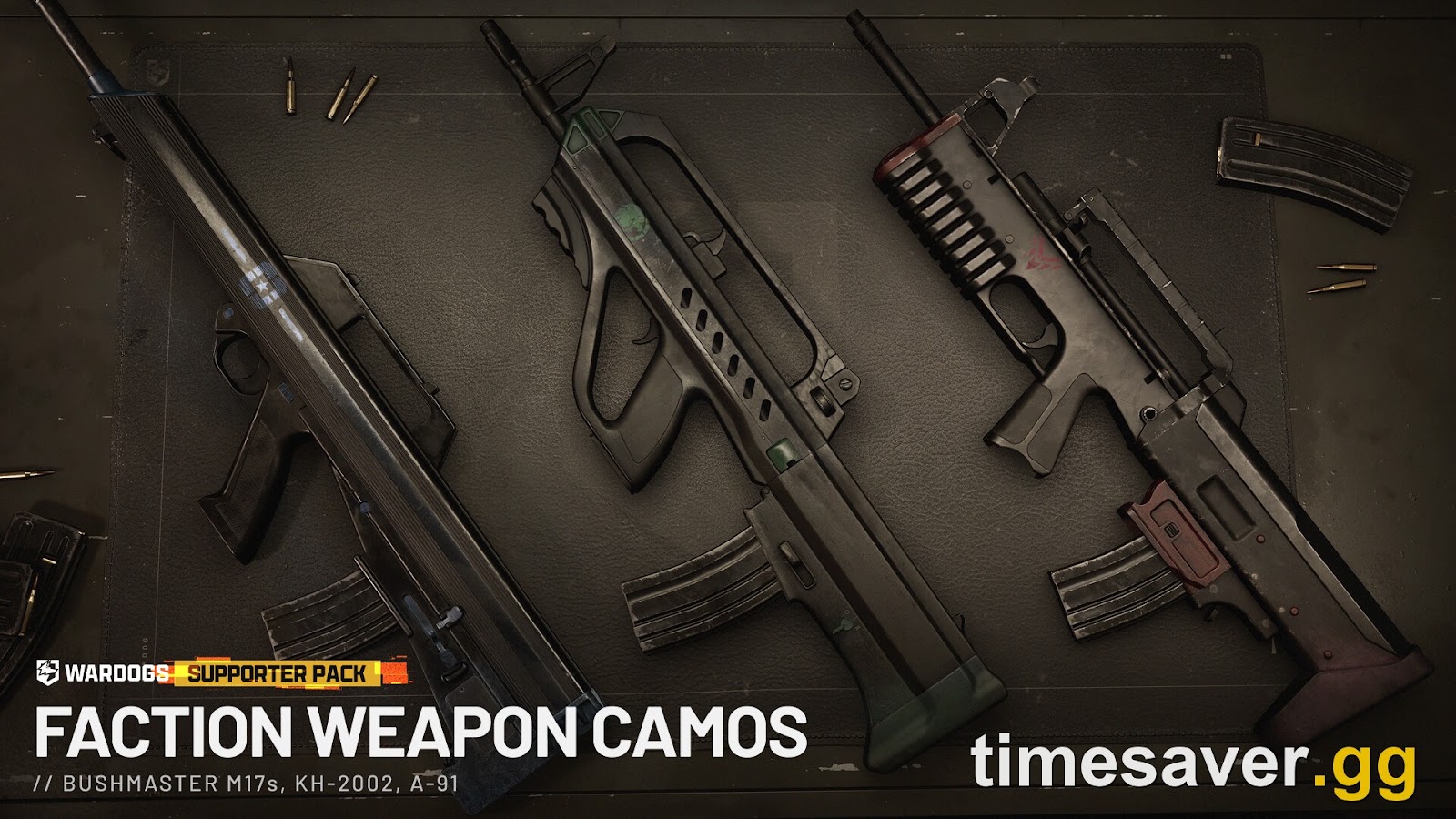 WARDOGS Supporter Pack faction weapon camos for the Bushmaster M17, KH-2002 and A-91, cosmetic weapon skins that do not affect stats