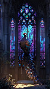 Majestic Peacock Before Gothic Stained Glass Window