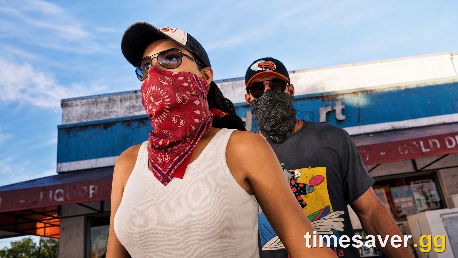 Jason and Lucia in bandana masks walking out of a convenience store robbery, a scene shown in the GTA 6 An Extended Look presentation