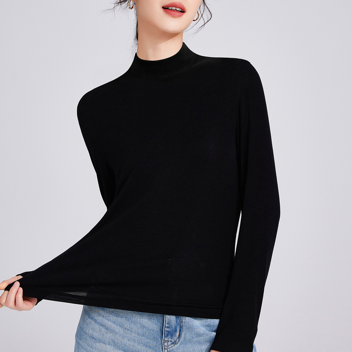 Wool blend long sleeve shirt with stand-up collar