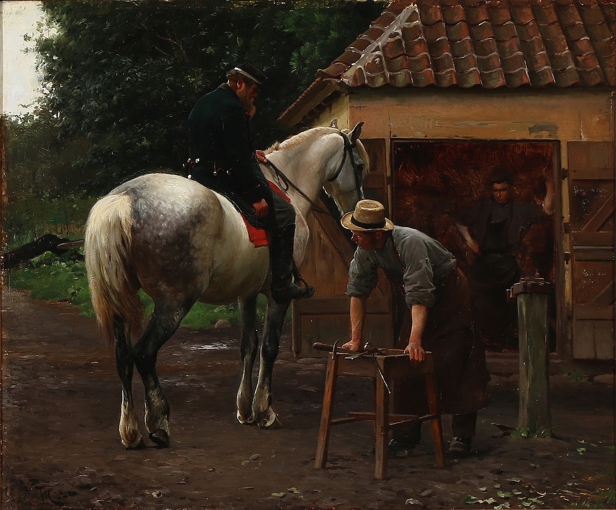 Dansk soldat i samtale med en smed antagelig motiv fra 1864 1889